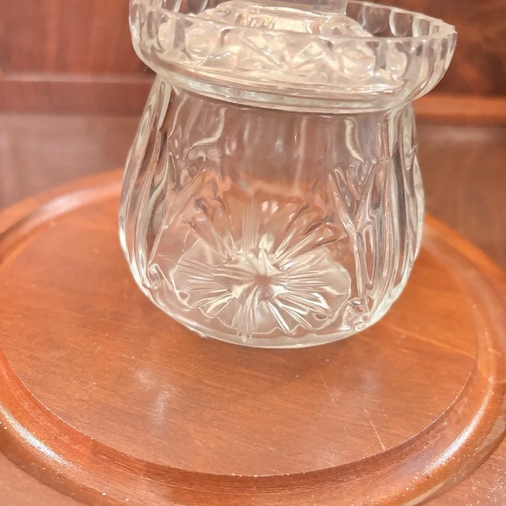 Vintage Clear Pressed Glass Mustard Condiment Jar Floral Starburst